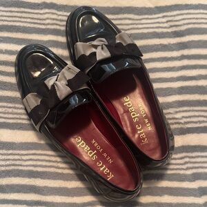 Kate Spade Glossy Black Loafers with Ribbon Accent